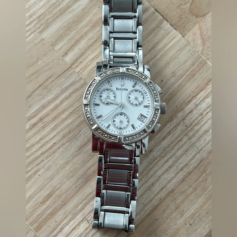 Bulova Diamond Chronograph Ladies Watch Mother of Pearl Dial Stainless Bracelet
